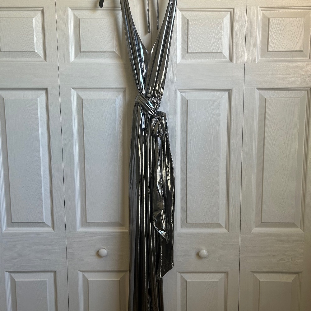 French Connection Liquid Silver Backless Multiway Jumpsuit